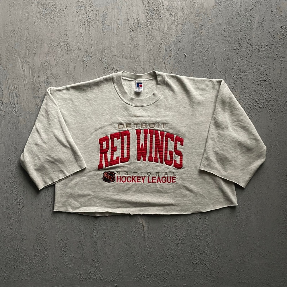 Vintage Detroit Red Wings Cropped Sweatshirt Mens XXL Grey 90s Russell Athletic